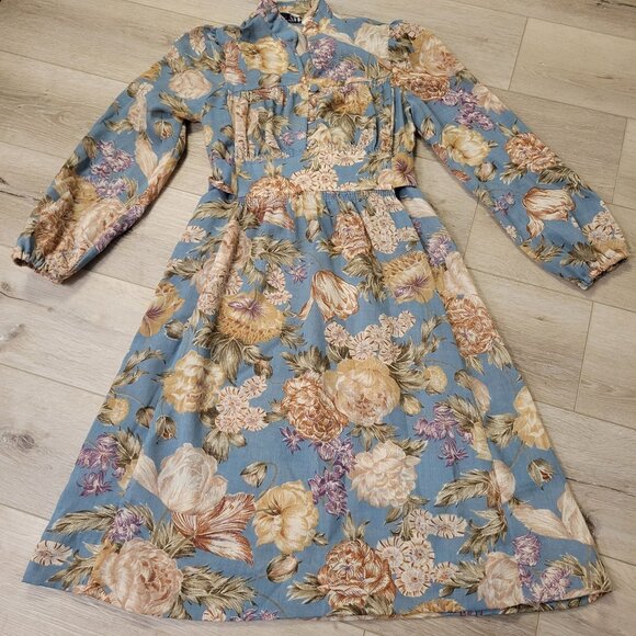 Vtg Trolley Car Floral High-Waisted Dress With Button Detail Boho Hippie READ - Picture 1 of 10
